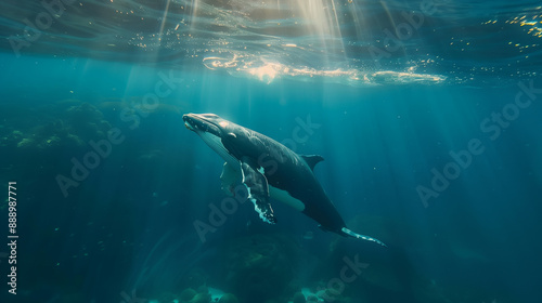 A dolphin swims in the ocean with a school of fish behind it. The scene is vibrant and lively, with the colorful fish and coral creating a beautiful underwater world