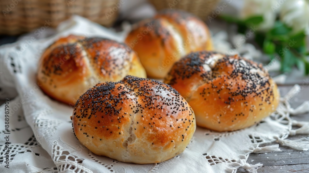 Baked buns with poppy seeds on a white tablecloth Ukrainian style Baked buns with poppy seeds on a white tablecloth Ukrainian style