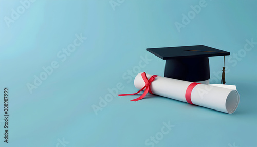 Graduation cap and diploma web banner on blue background