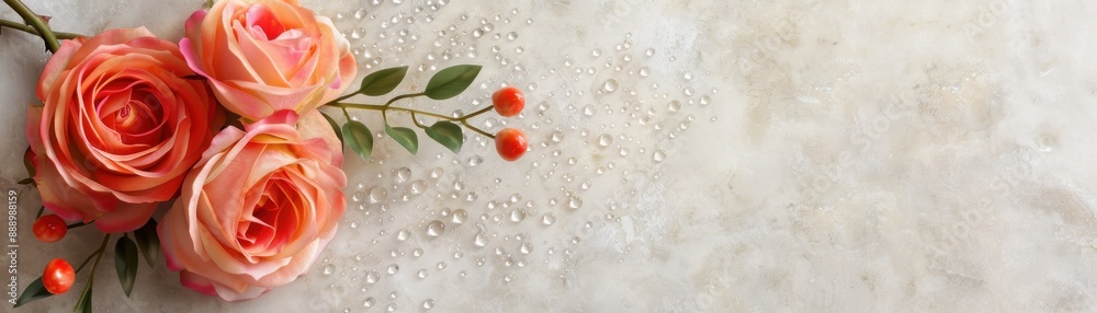 Two white roses are on a table with water droplets surrounding them. The droplets create a sense of freshness and beauty, emphasizing the delicate nature of the roses Two white roses are on a table with water droplets surrounding them. The droplets create a sense of freshness and beauty, emphasizing the delicate nature of the roses