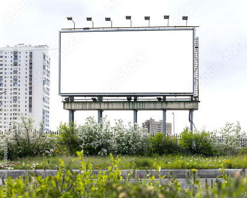 Wide shot of landscape with a prominent advertising billboard featuring with blank white screen
