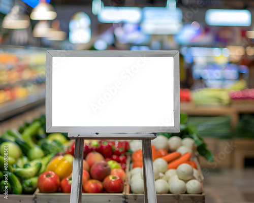 White ad board mock-up on a stand in a supermarket on transparent background