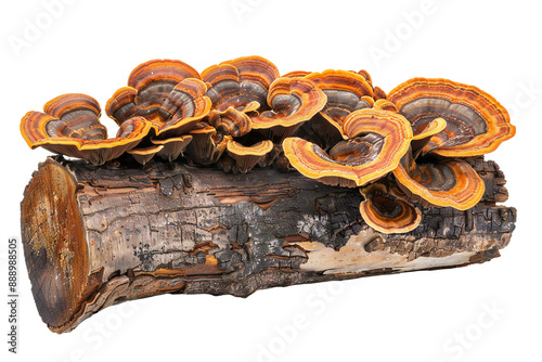 Saprophytic fungus on a piece of wooden on transparent background Generative Ai photo