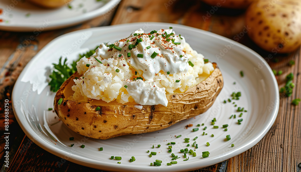 Baked potato filled with sour cream on white plate on wooden table Baked potato filled with sour cream on white plate on wooden table