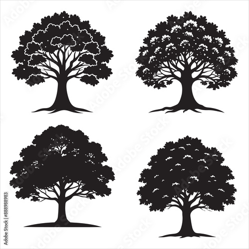 Oak tree set silhouette vector on white background