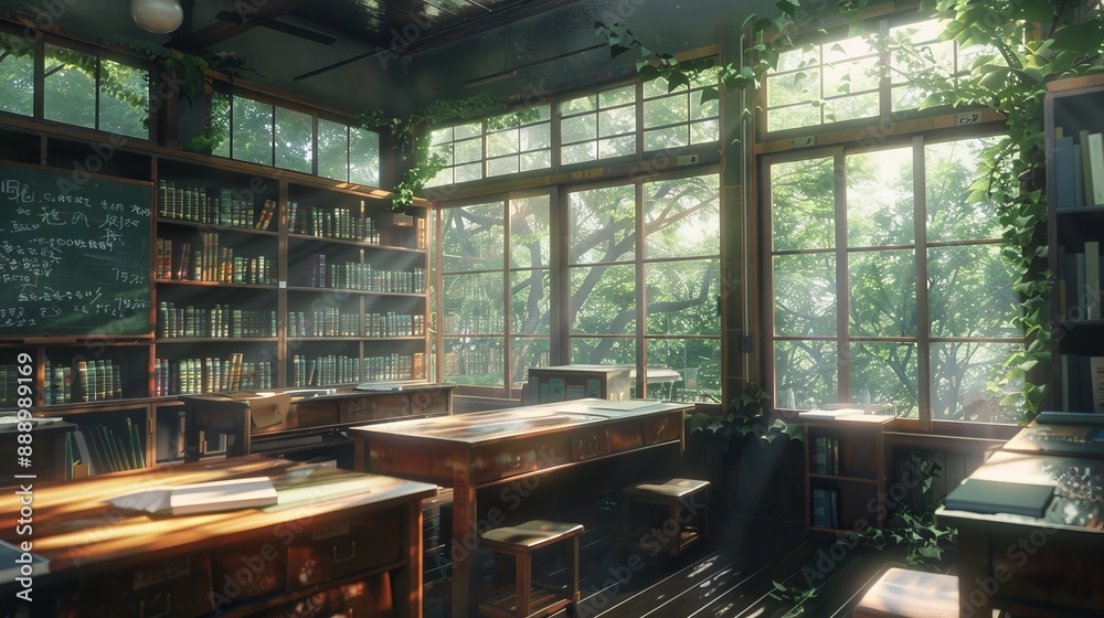 An old Japanese classroom with windows and tables, shelves with books, aesthetic green nature, anime inspired artwork An old Japanese classroom with windows and tables, shelves with books, aesthetic green nature, anime inspired artwork