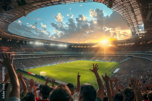 Large Football Stadium with Fans Cheering and Sun Setting During a Soccer Game