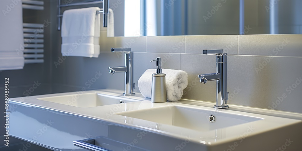 A bathroom sink with two faucets and a white towel on top of it. The towel is folded neatly and placed on the counter A bathroom sink with two faucets and a white towel on top of it. The towel is folded neatly and placed on the counter