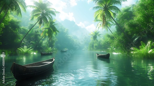 Picturesque riverside with tall palm trees swaying gently, traditional wooden boats floating on the calm water, soft morning mist adding a mystical feel, lush green surroundings,