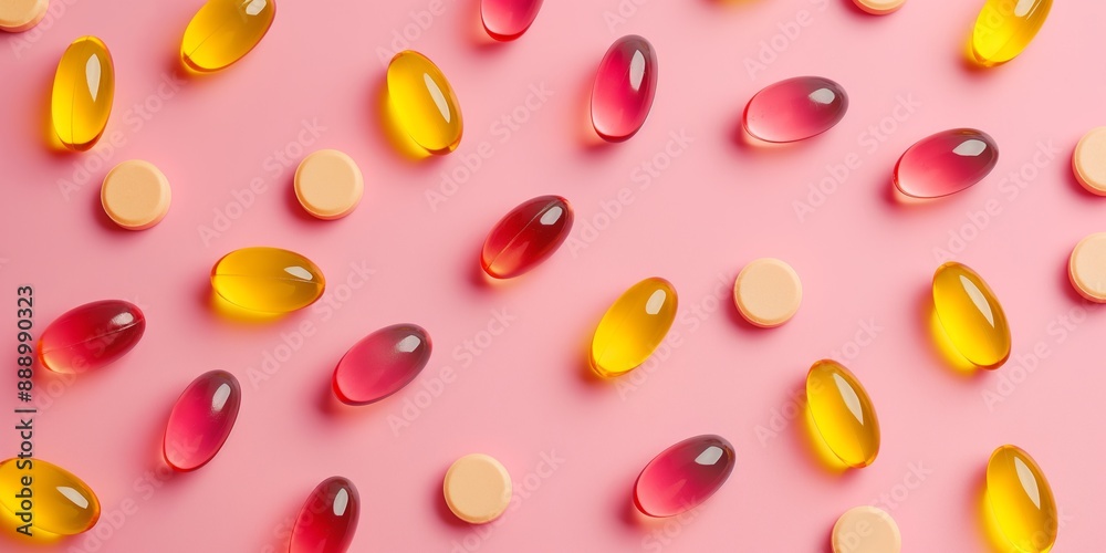 A row of multicolored pills are arranged on a pink background. The pills are of different shapes and sizes, and they are scattered across the image. Scene is playful and colorful A row of multicolored pills are arranged on a pink background. The pills are of different shapes and sizes, and they are scattered across the image. Scene is playful and colorful