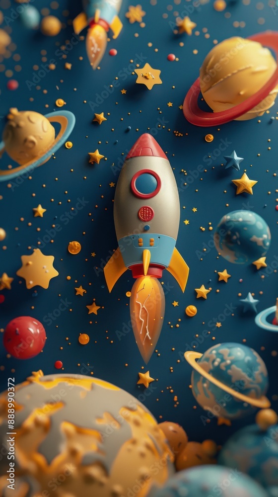 A cute 3D blender render featuring a minimalist blank backdrop with a space theme, bordered by adorable cartoon planets, stars, and spaceships, creating a playful outer space atmosphere A cute 3D blender render featuring a minimalist blank backdrop with a space theme, bordered by adorable cartoon planets, stars, and spaceships, creating a playful outer space atmosphere