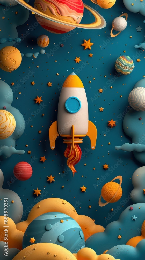 A cute 3D blender render featuring a minimalist blank backdrop with a space theme, bordered by adorable cartoon planets, stars, and spaceships, creating a playful outer space atmosphere A cute 3D blender render featuring a minimalist blank backdrop with a space theme, bordered by adorable cartoon planets, stars, and spaceships, creating a playful outer space atmosphere