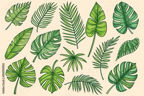 Tropical leaf vector set with monstera and palm plants on a white background, perfect for design projects - Generative ai