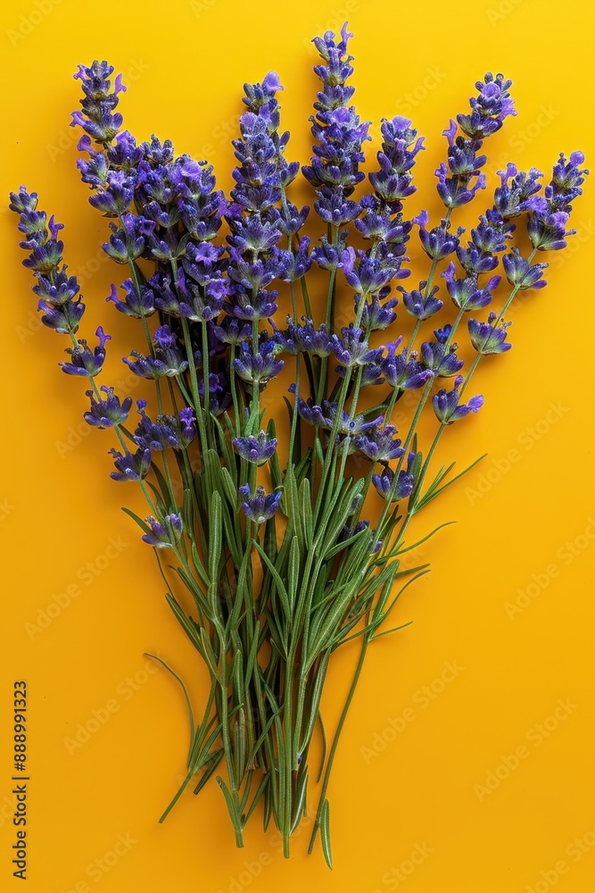 Naklejka premium A bunch of purple lavender flowers are arranged on a yellow background. The flowers are in full bloom and are arranged in a way that they look like they are growing out of the yellow wall