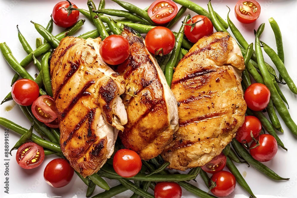 Grilled chicken with green beans and tomatoes on a plate Grilled chicken with green beans and tomatoes on a plate