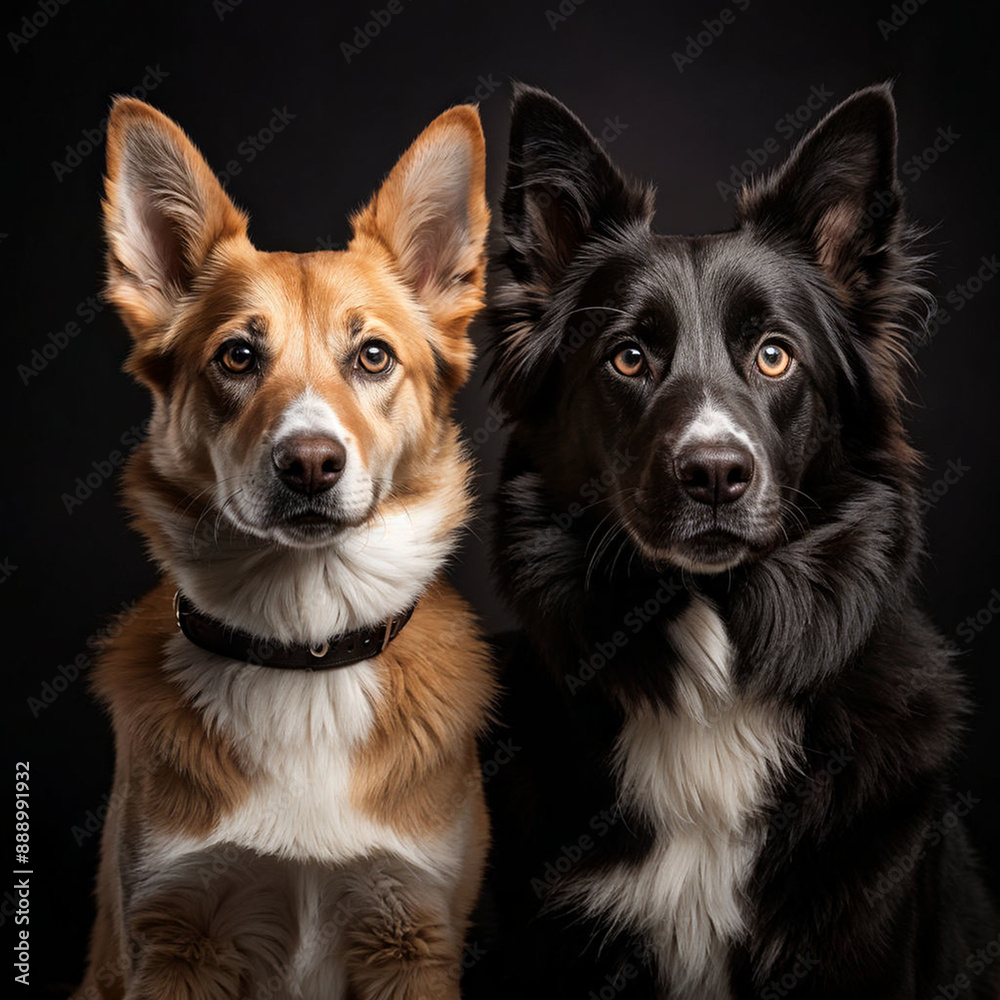 A portrait of the dog and cat sitting calmly next to each other, both with their ears perked up and eyes bright. The image captures a sense of harmony and mutual respect between the two pets.