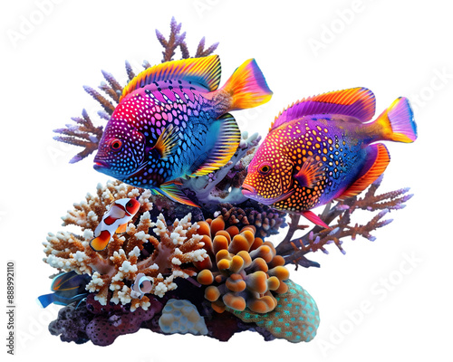 Vibrant tropical fishes swimming among coral reefs on transparent background
