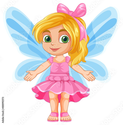 Blonde fairy in pink dress with blue wings