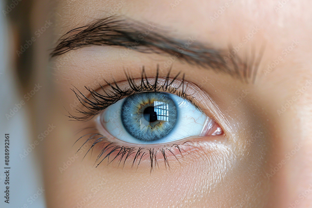Close-up of an open blue eye with long eyelashes and brown eyebrows. Generative AI Close-up of an open blue eye with long eyelashes and brown eyebrows. Generative AI