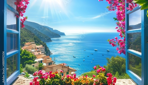 A Mediterranean view from an open window, with flowers framing the foreground and a scenic coastal landscape in the background. Concept of vacation, serenity, calm and peace.