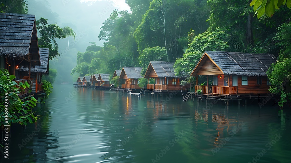 Traditional stilt houses on a calm river, wooden structures reflecting ...