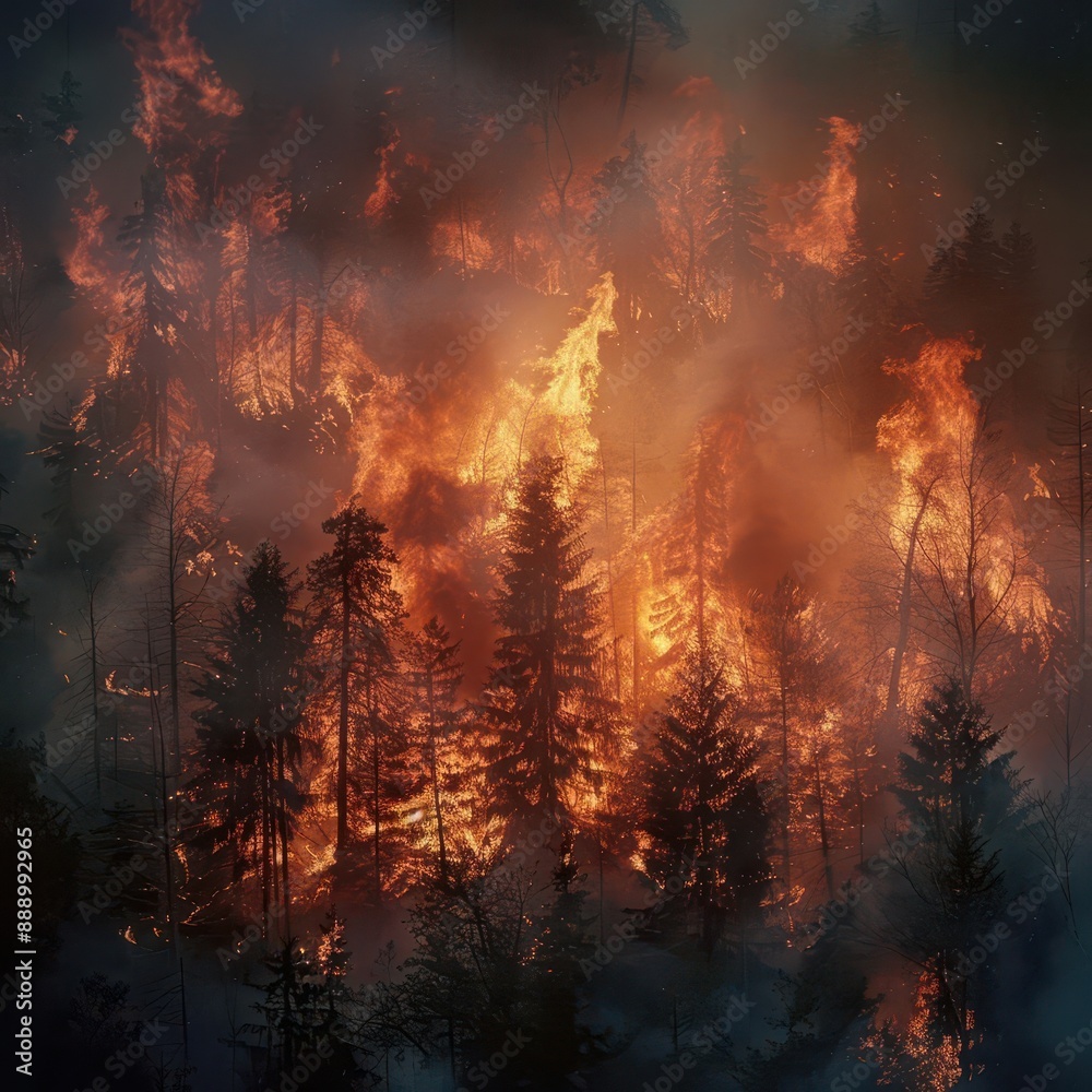 intense forest fire scene flames engulfing trees dramatic lighting environmental crisis concept smoky atmosphere intense forest fire scene flames engulfing trees dramatic lighting environmental crisis concept smoky atmosphere