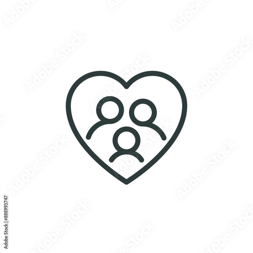 Thin outline icon family or group of people in heart symbol. Line sign concept of family care, care humanity, group life Insurance, empathy or caring. Vector isolated pictogram editable stroke.