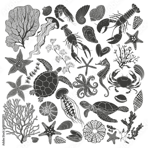 Sea creatures. Big vector collection, isolated elements on a white background. Silhouettes. Hand drawn illustration. Excellent for the design of invitations, cards, menu decoration,  printing