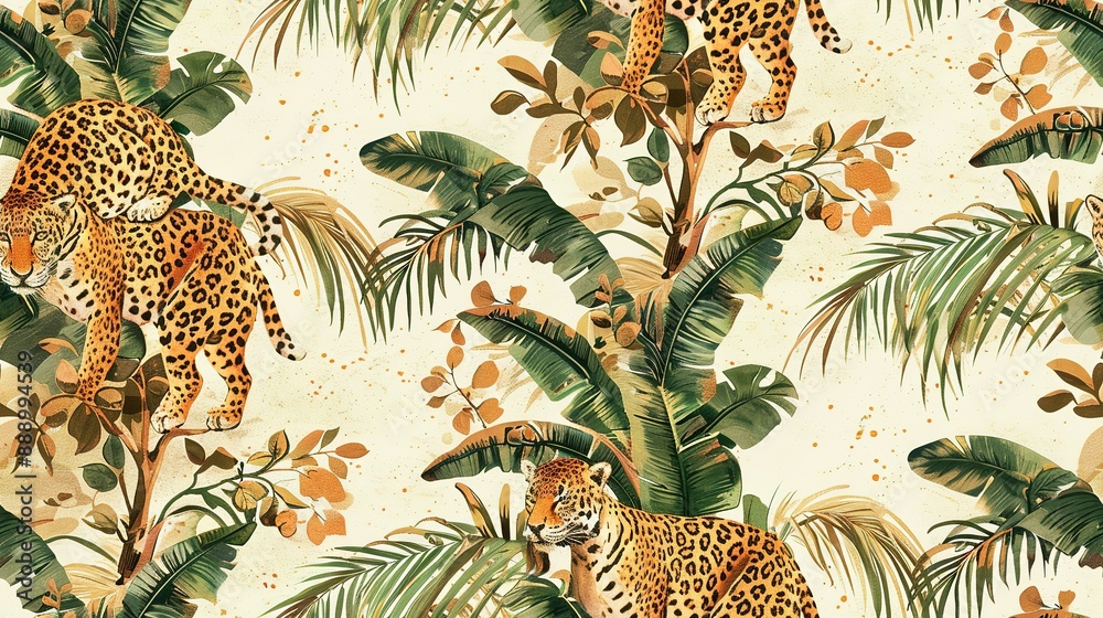 Obraz premium Exotic jungle scene with leopards and lush foliage
