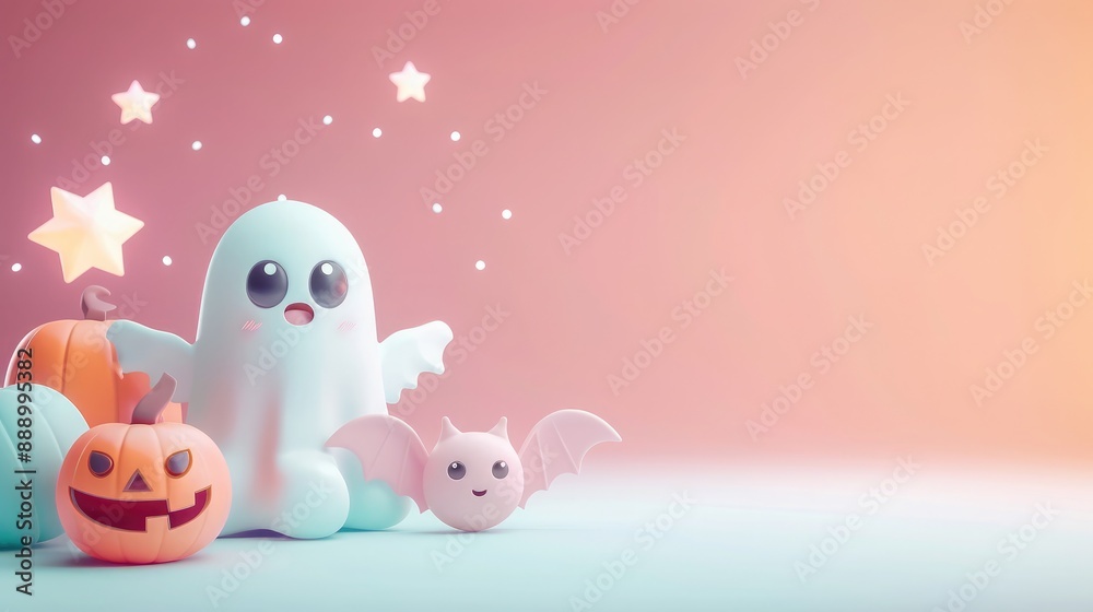 3D rendering of cute Halloween elements like smiling pumpkins, friendly ghosts, and playful bats in a colorful, whimsical design with ample copy space for text placement 3D rendering of cute Halloween elements like smiling pumpkins, friendly ghosts, and playful bats in a colorful, whimsical design with ample copy space for text placement