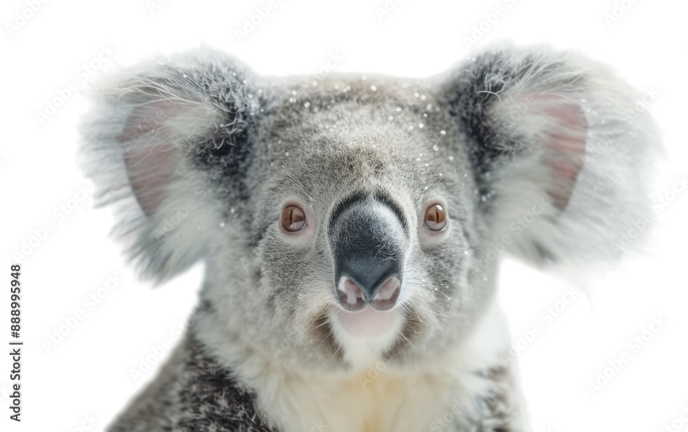 Fototapeta premium A koala stares intensely at the camera with snow lightly falling around it