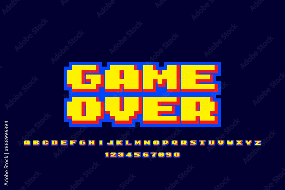 Pixel retro game over, play and score illustration, 3d alphabet.