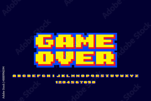 Pixel retro game over, play and score illustration, 3d alphabet.