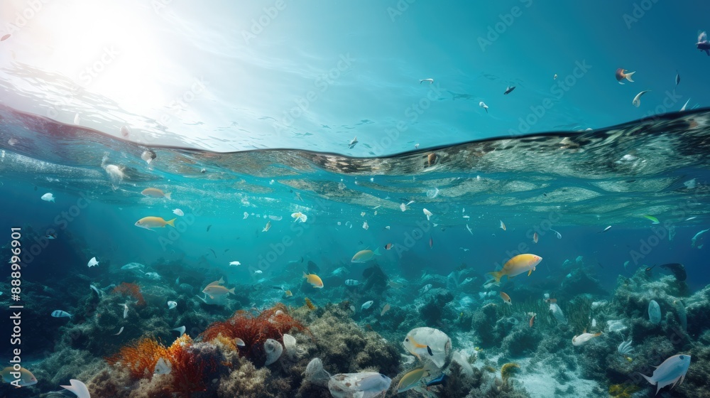Fototapeta premium underwater with microplastic particles,the environmental pollution issue.generative ai