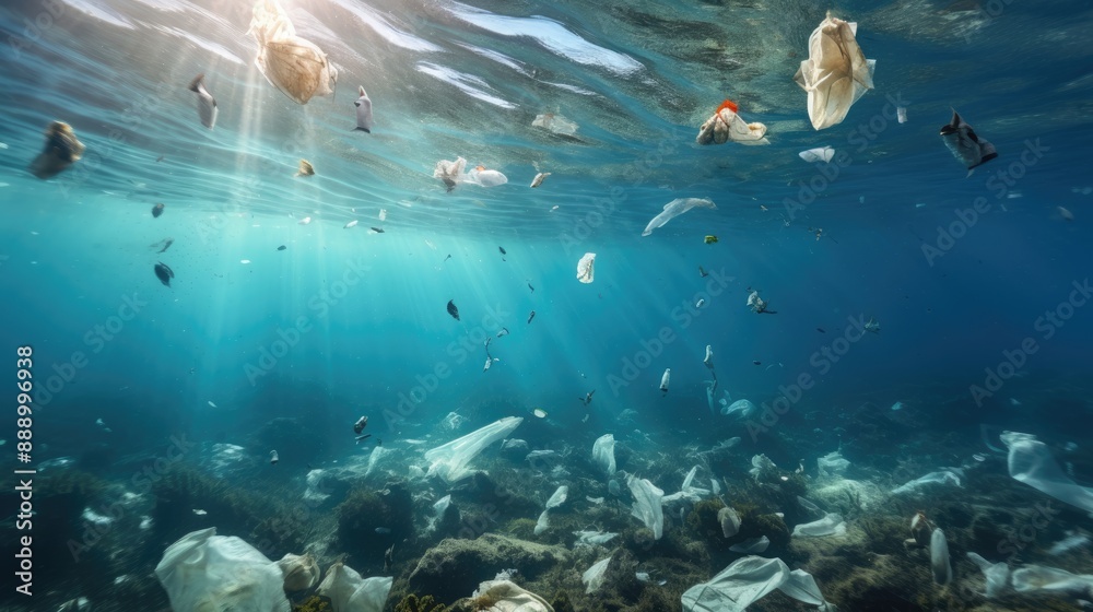 Fototapeta premium underwater with microplastic particles,the environmental pollution issue.generative ai