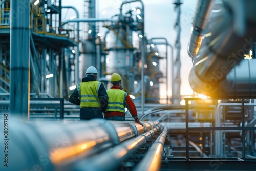 workers in safety gear inspecting pipelines