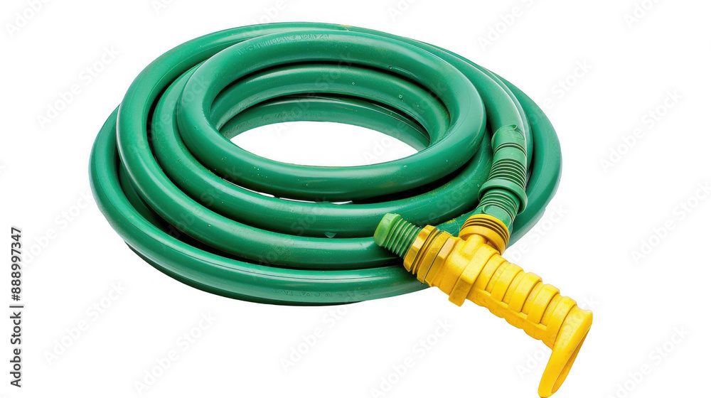 Coiled Green Garden Hose with Yellow Nozzle Coiled Green Garden Hose with Yellow Nozzle