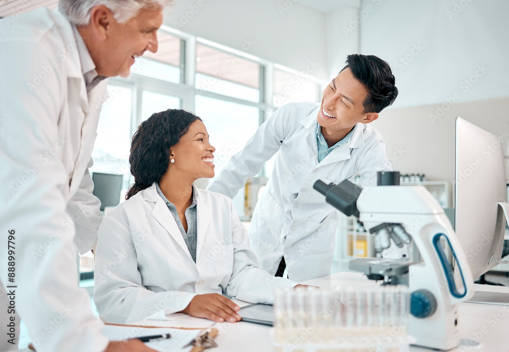 Group, people and scientist for healthcare in lab with medical equipment, collaboration and research experiment. Smile, employees and support, talking and biotechnology for medicine innovation Group, people and scientist for healthcare in lab with medical equipment, collaboration and research experiment. Smile, employees and support, talking and biotechnology for medicine innovation