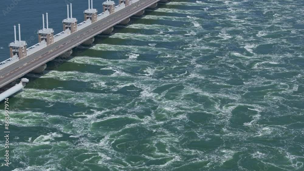 Aerial view of Oosterscheldekering storm surge barrier over water, Vrouwenpolder, Netherlands. Aerial view of Oosterscheldekering storm surge barrier over water, Vrouwenpolder, Netherlands.