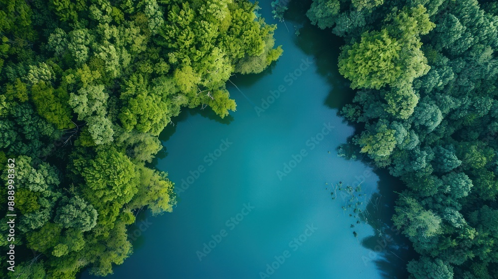 Top view environmentally friendly nature. Lush forests, and calm lakes within. Blue green tone.