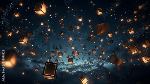 Books floating like lanterns in the night sky, illuminating the darkness with their boundless knowledge