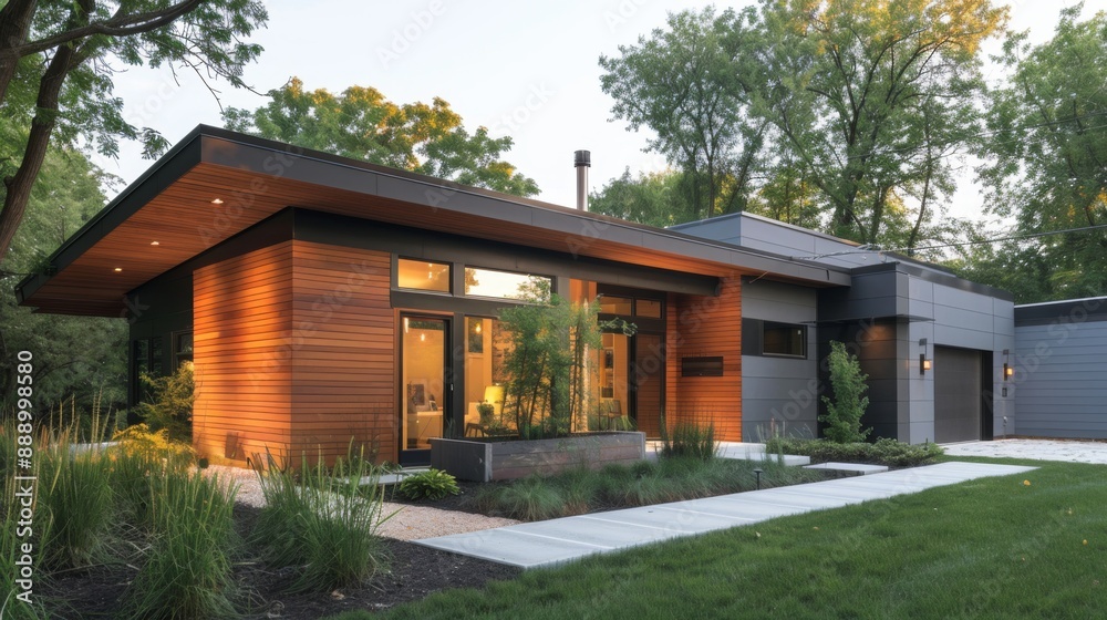 Architectural detail of a minimalist home's exterior showing sustainable materials and energy-efficient design.