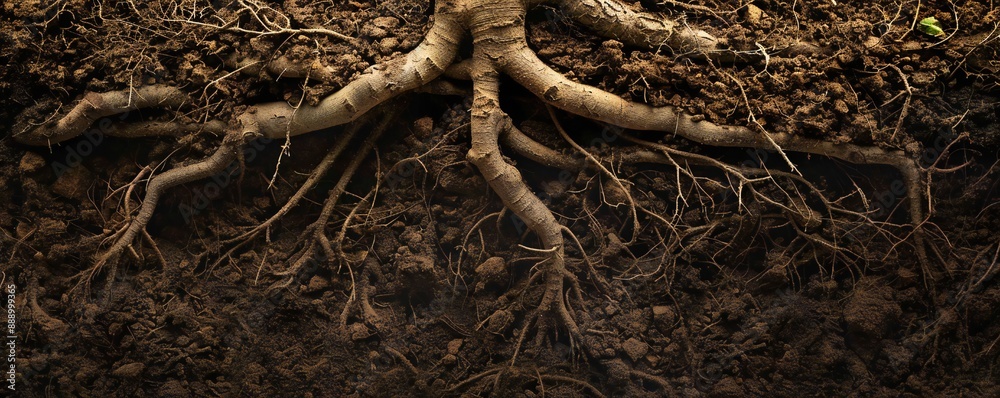 Underground image of tree roots growing in the soil, with empty copy space Generative Ai Underground image of tree roots growing in the soil, with empty copy space Generative Ai