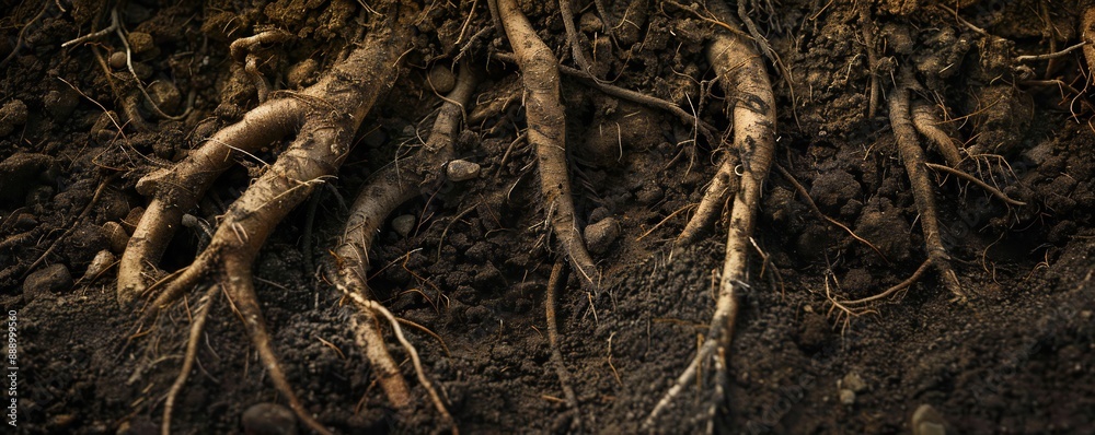 Underground image of tree roots growing in the soil, with empty copy space Generative Ai Underground image of tree roots growing in the soil, with empty copy space Generative Ai