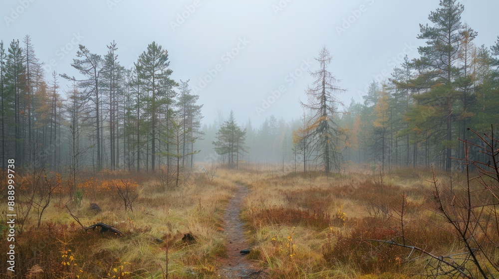 Misty morning in the autumn forest with a small path leading through the middle Misty morning in the autumn forest with a small path leading through the middle