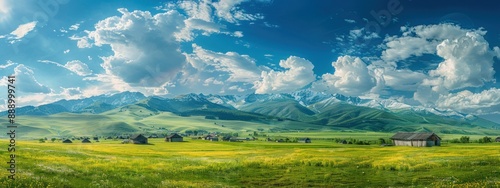 Beautiful green meadow with mountains in the background panorama landscape nature scenery with blue sky.