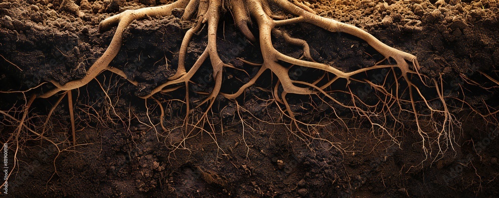 Underground image of tree roots growing in the soil, with empty copy space Generative Ai Underground image of tree roots growing in the soil, with empty copy space Generative Ai