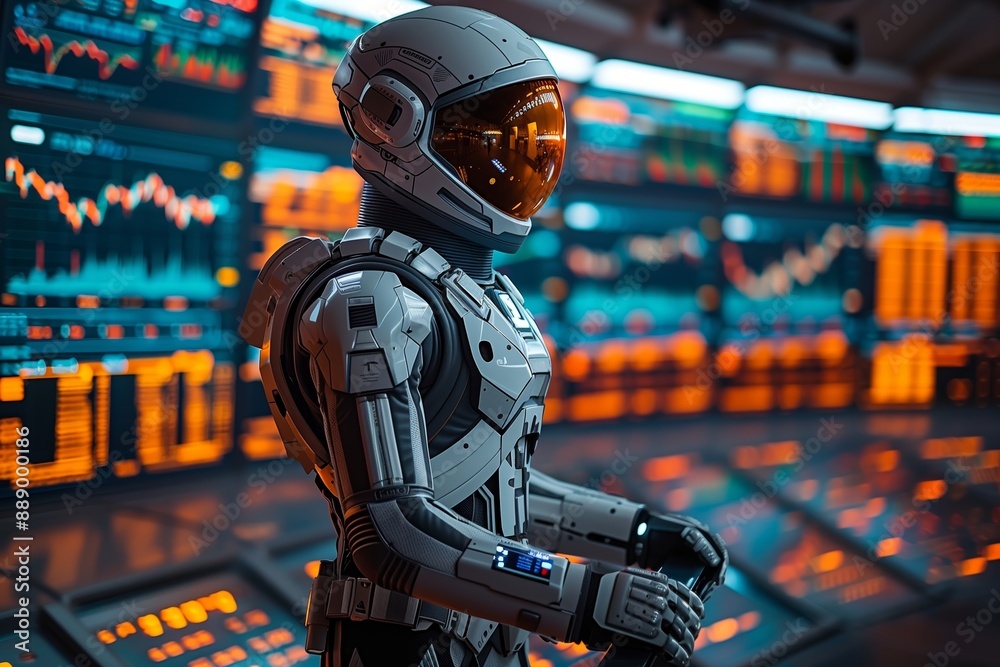 Futuristic Robot Monitoring Data in a Control Room Futuristic Robot Monitoring Data in a Control Room