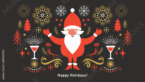 Christmas Card, horizontal banner, Seasons greetings theme, cute Santa and decorative elements, vector illustration in geometric flat style, black background
