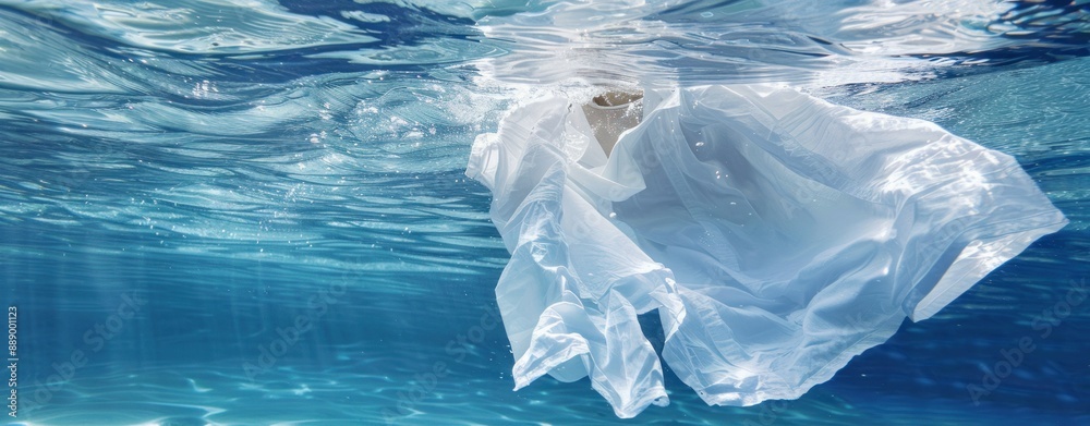 Fototapeta premium White fabric flowing gracefully underwater with sunlight rays shining through